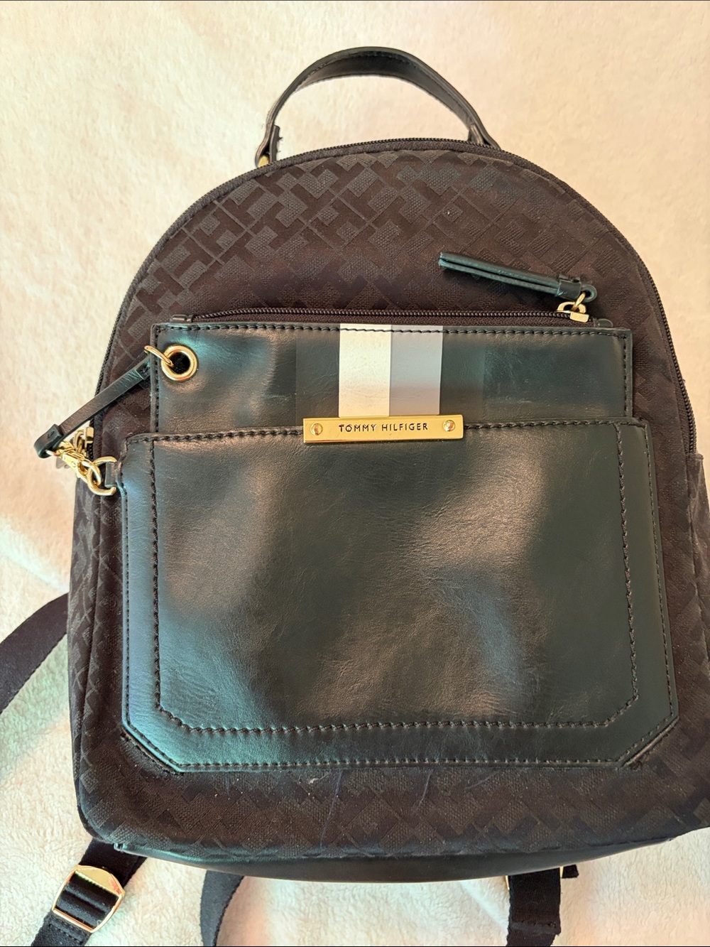 Tommy Hilfiger Black and White Stripe Front Pocket Backpack